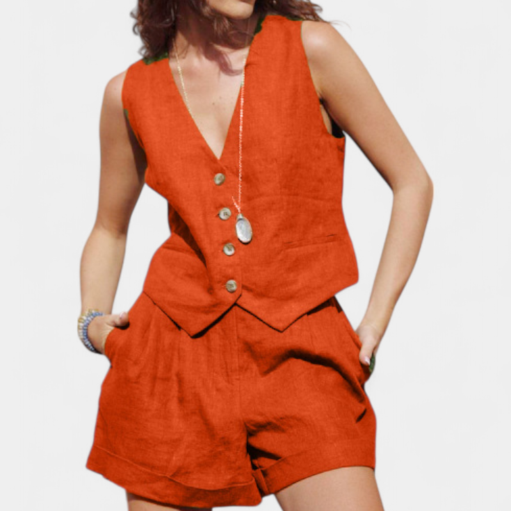 Jennifer Sada Vest a Krátké Kalhoty z Lněného Bavlněného Materiálu